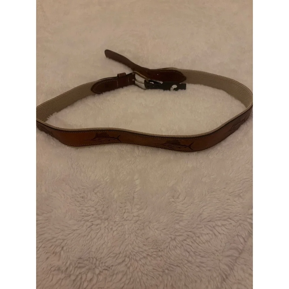Tommy Bahama Mens Belt 36 Brown Leather Canvas Marlin Fish Solid Brass Buckle